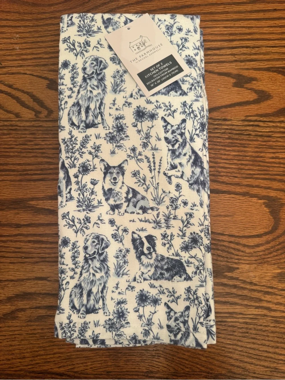 The Farmhouse by Rachel Ashwell Dog Toile Kitchen Towels Set/2 Bamboo Cotton NWT